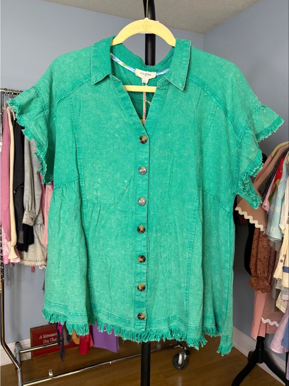 Umgee Teal-Green Button Front Short Sleeve Shirt